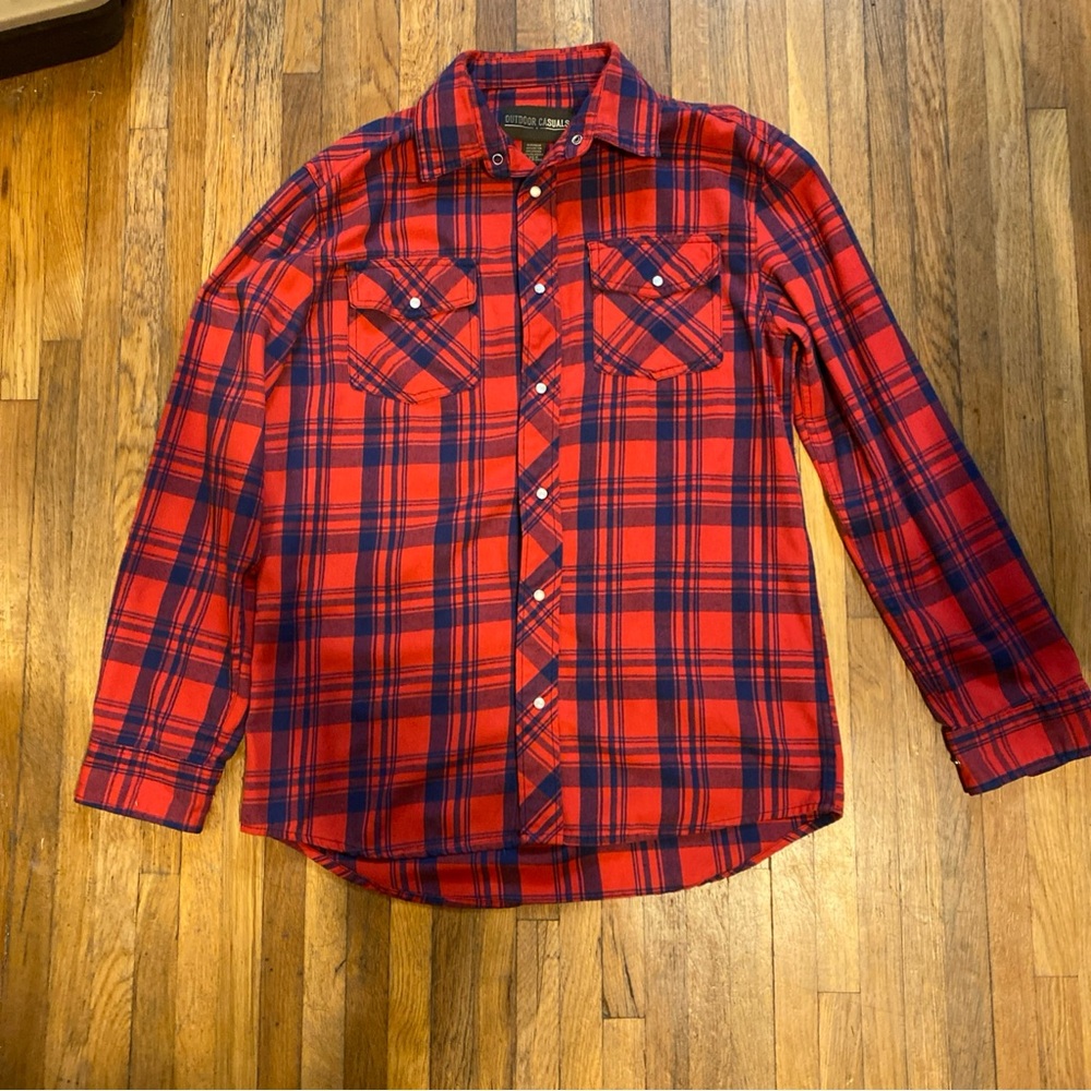 Men's Red and Blue Plaid Button Down Shirt with Pearl Snap Buttons